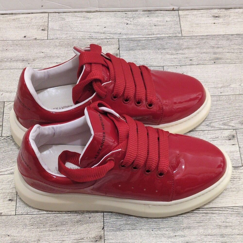 Alexander McQueen Women's Low Top Sneakers Red Patent Leather Logo Sz 37EU/6.5US - Picture 2 of 11